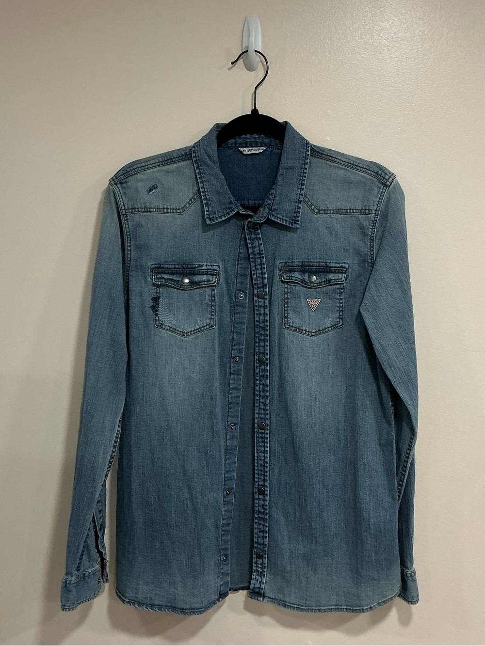 Guess Size 18 Men's Light Blue Denim Button-Down Shirt 98% cotton